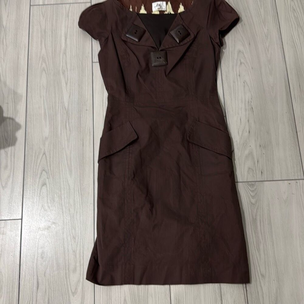 Milly of New York Brown Dress V Neck Belt Cap Sleeves Large Buttons Pockets Size